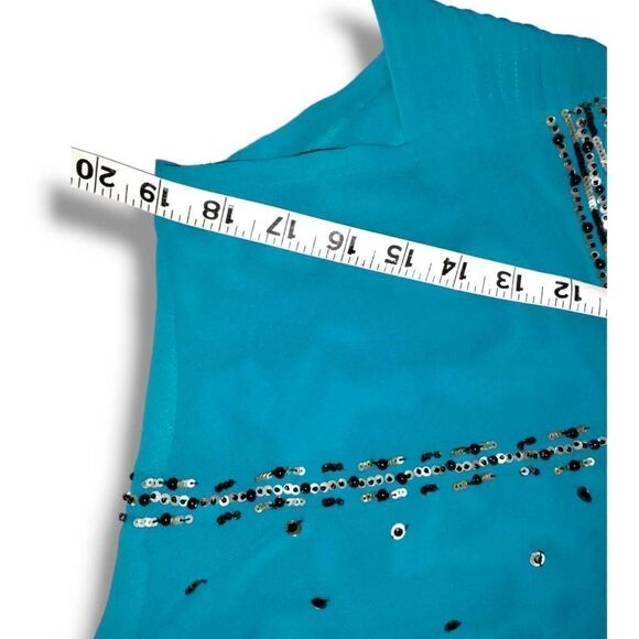 Mimi Singh Womens Dress‎ Sz Small Turquoise Silk Chiffon Beaded Asymmetrical Hem - Picture 10 of 11